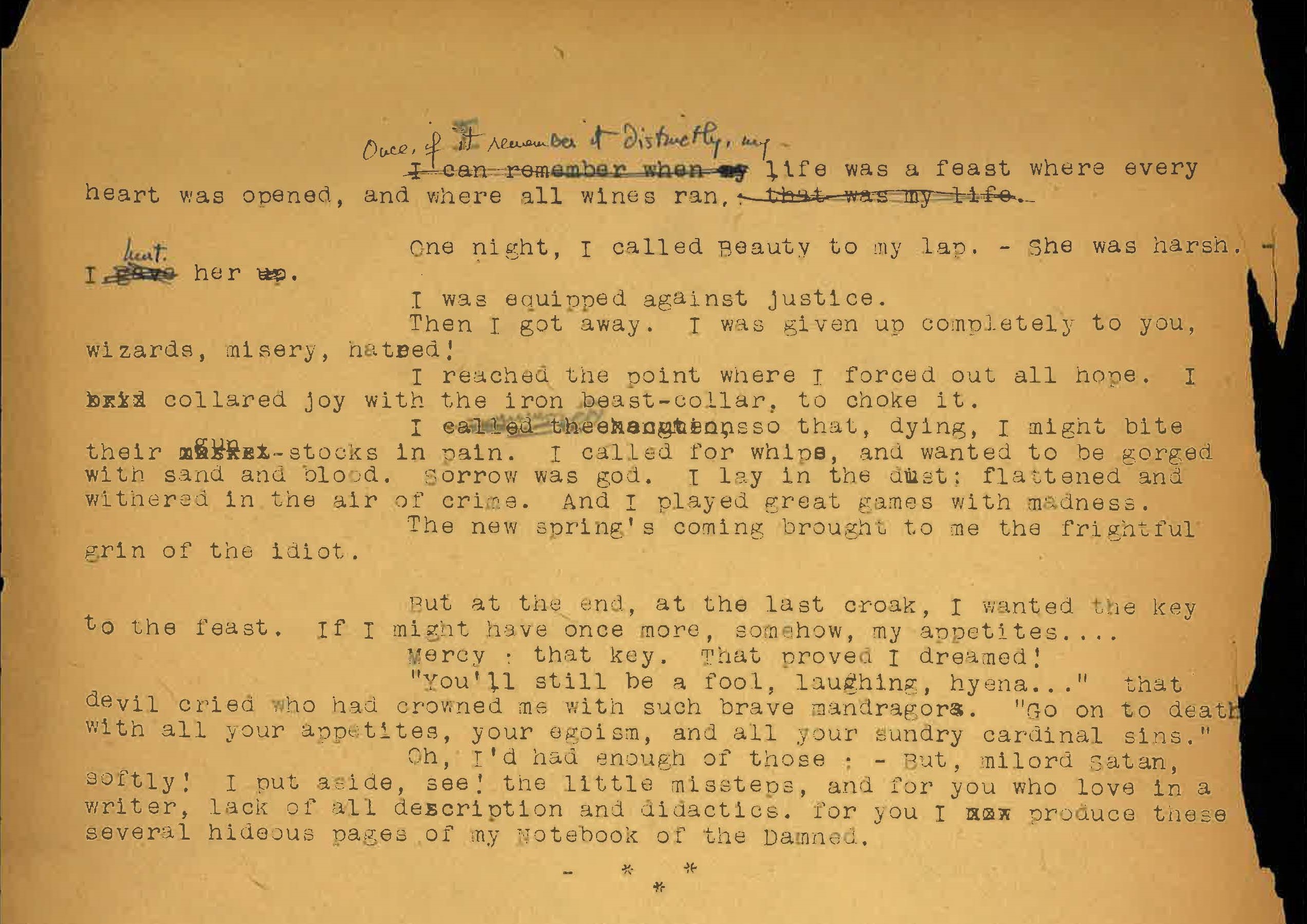 Typewritten text is occasionally crossed out and written or typed over on yellowed page with torn edges. The typewritten text starts, 'I can remember when my...' In handwritten text, it says, 'once if I remember it distinctly my...'